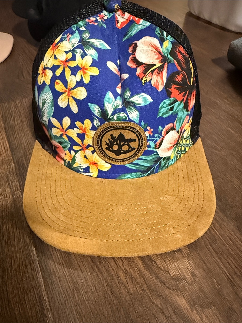 Men’s Blue Floral Trucker Hat w/Tan Suede Brim - Ballast Point Brewing SoCal